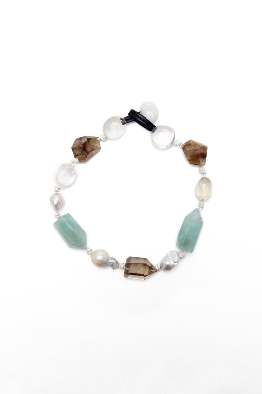 Necklace: golden hair rutilated quartz, aquamarine, pearls, smoky quartz, white crystal