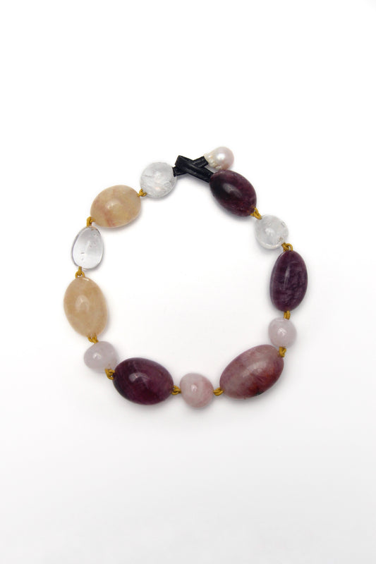 Necklace: fluorite, rose quartz, white crystal, pearl