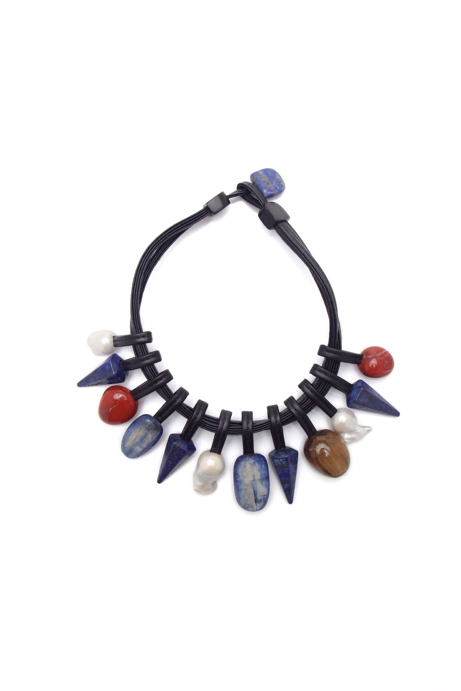 Chunky Crystal Necklace/Chunky Statement Necklace: Kyanite, lapis lazuli, pearls, red jasper stone, tiger's eye stone