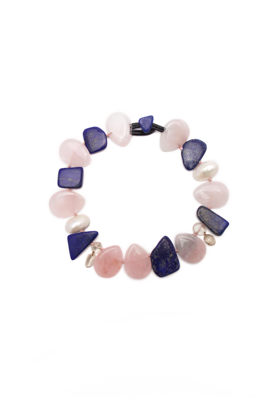 Chunky Crystal Necklace/Chunky Statement Necklace: rose quartz, lapis lazuli, mabe pearls, citrine